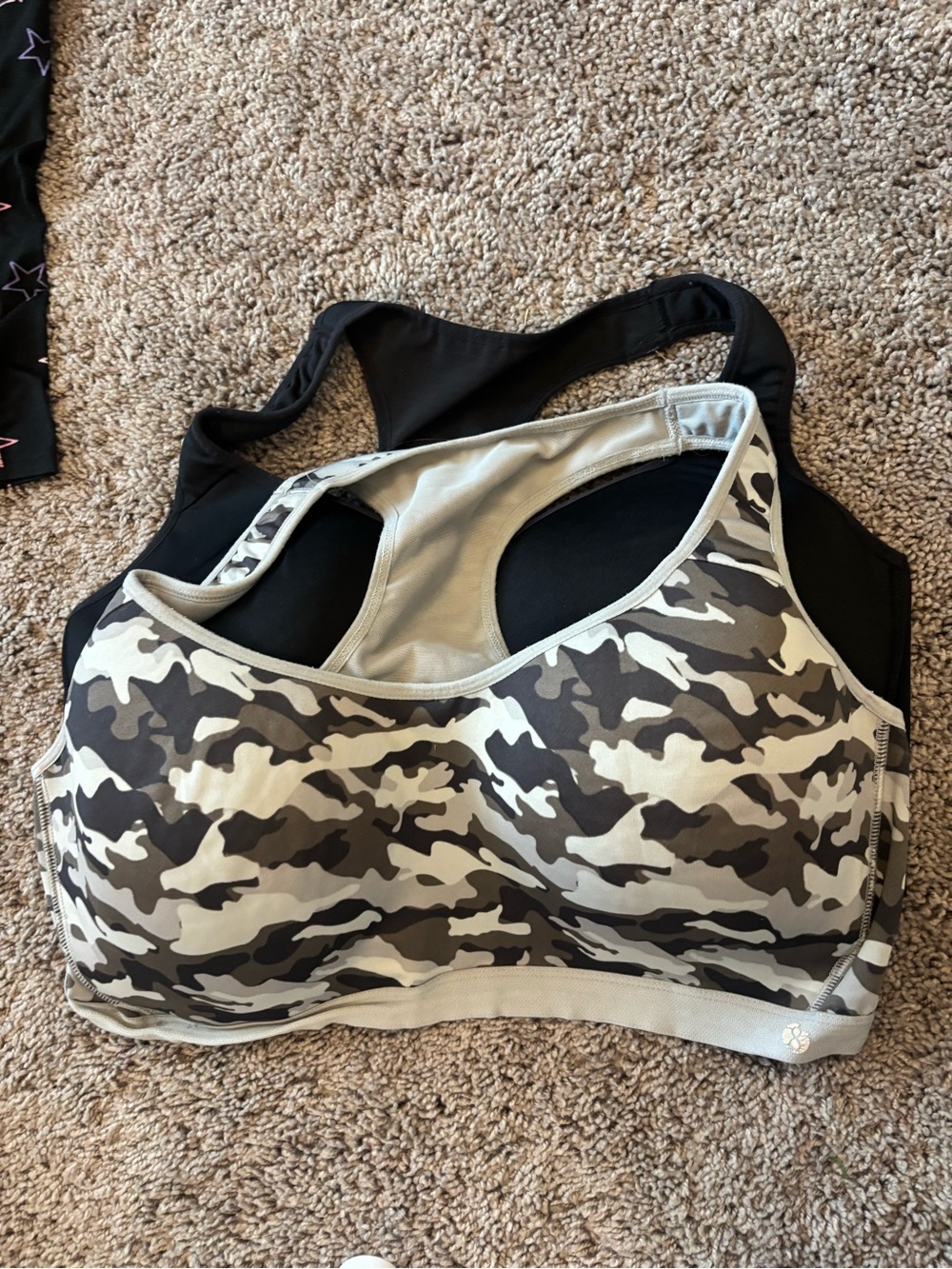 Layer 8 Gray Camo and solid black Racerback Sports Bras